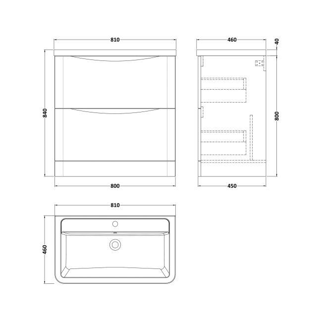 Delphi Vega Satin White 800mm 2-Drawer Floor Standing Waterproof Vanity Unit with Basin  | Dimension Image
