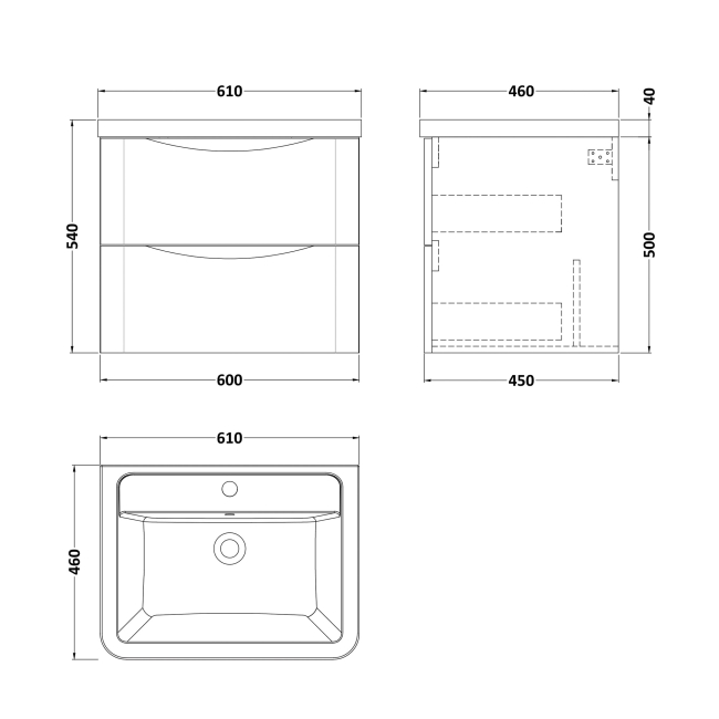 Delphi Vega Satin White 600mm 2-Drawer Wall Hung Waterproof Vanity Unit with Basin  | Dimension Image