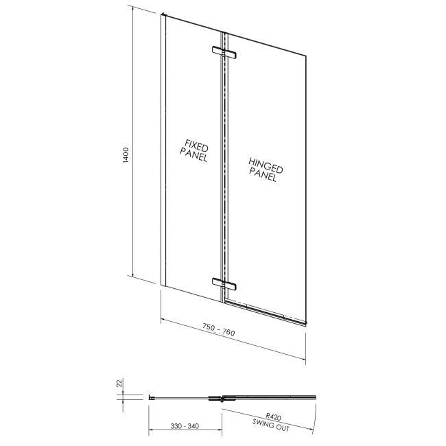 Delphi Vision Chrome Centre Hinged Bath Screen 1400mm x 760mm - 5mm Glass  | Dimension Image