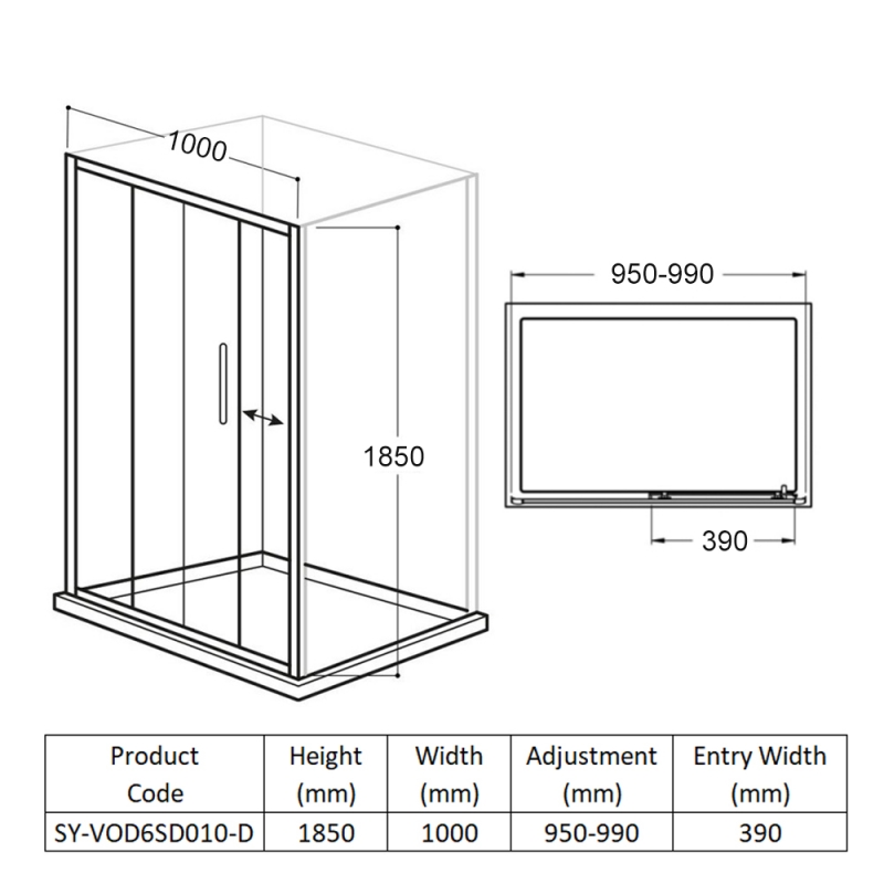 Delphi Vodas 6+ Sliding Shower Door 1000mm Wide - 6mm Glass
