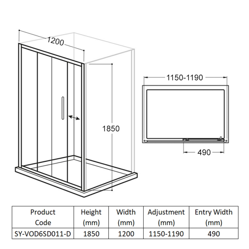 Delphi Vodas 6+ Sliding Shower Door 1200mm Wide - 6mm Glass