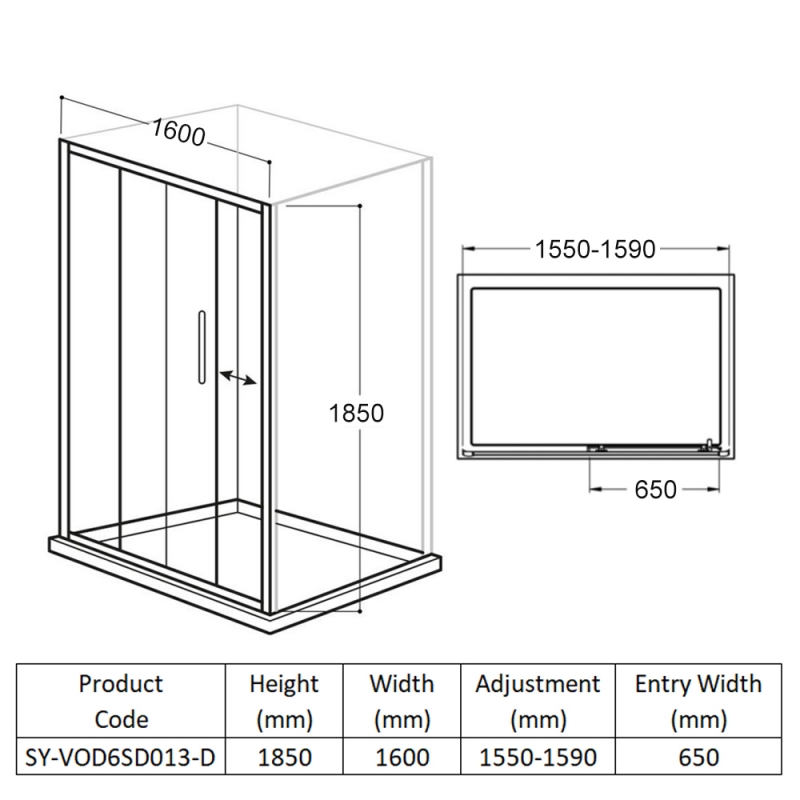 Delphi Vodas 6+ Sliding Shower Door 1600mm Wide - 6mm Glass