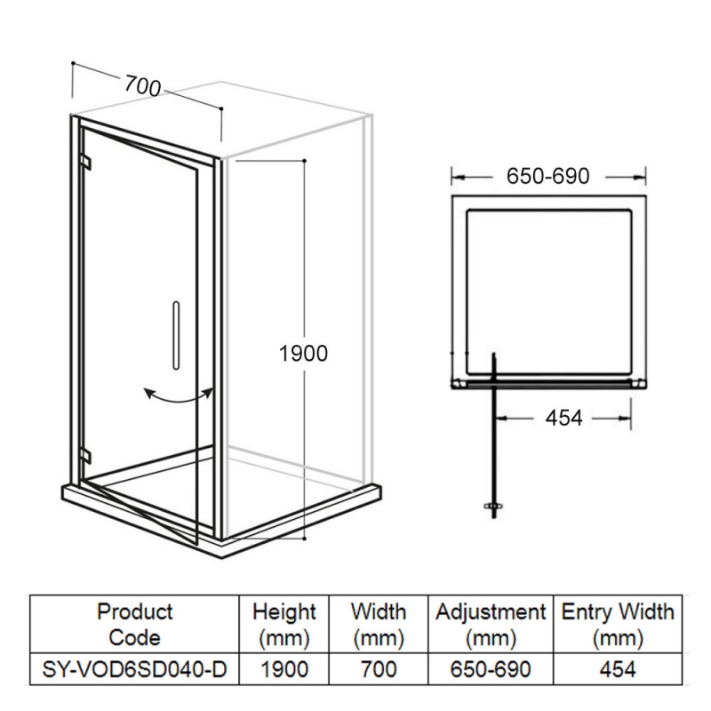 Delphi Vodas 6+ Pivot Shower Door 700mm Wide - 6mm Glass
