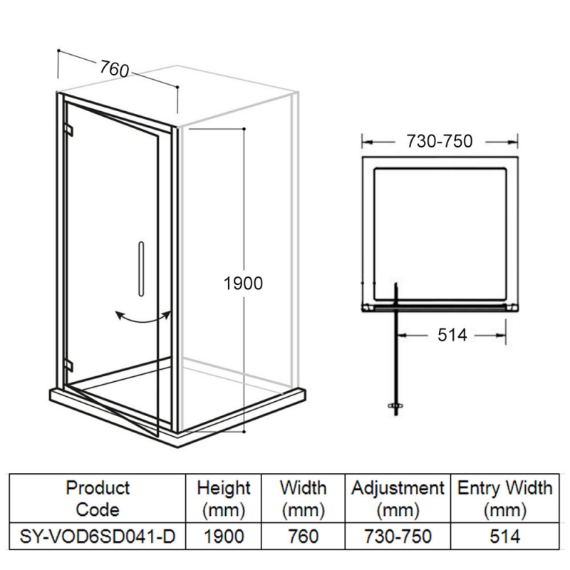 Delphi Vodas 6+ Pivot Shower Door 760mm Wide - 6mm Glass