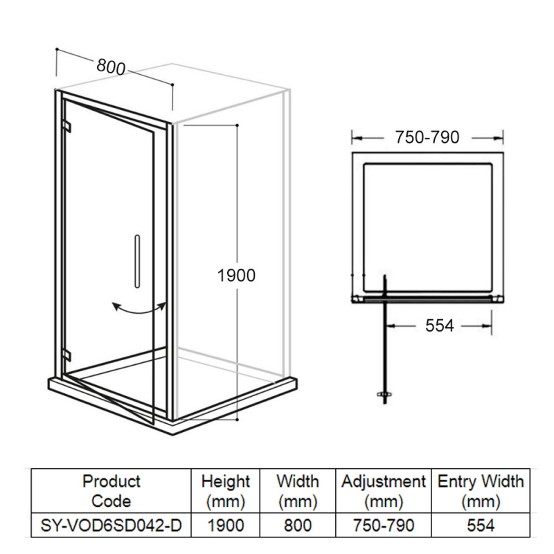 Delphi Vodas 6+ Pivot Shower Door 800mm Wide - 6mm Glass