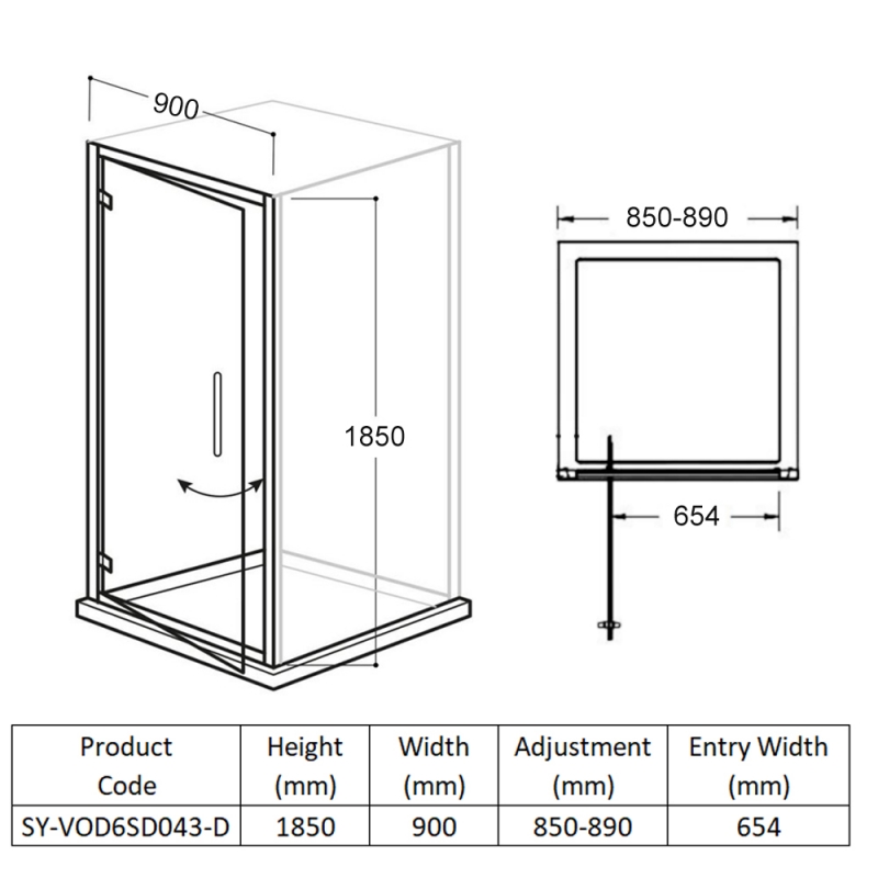 Delphi Vodas 6+ Pivot Shower Door 900mm Wide - 6mm Glass