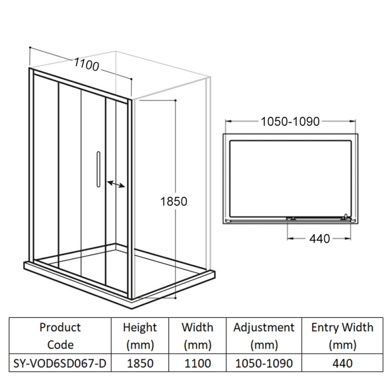 Delphi Vodas 6+ Sliding Shower Door 1100mm Wide - 6mm Glass
