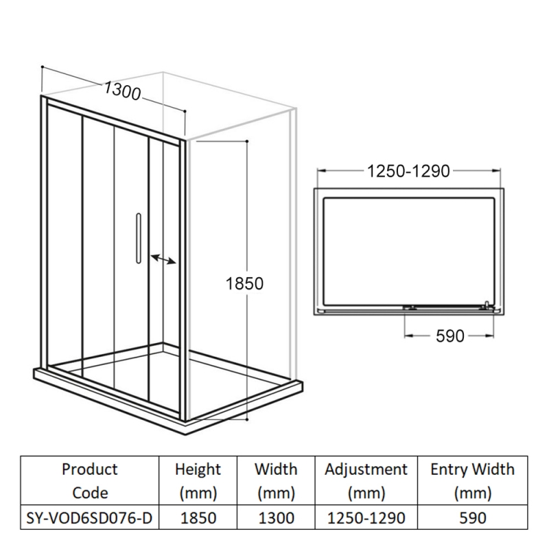 Delphi Vodas 6+ Sliding Shower Door 1300mm Wide - 6mm Glass