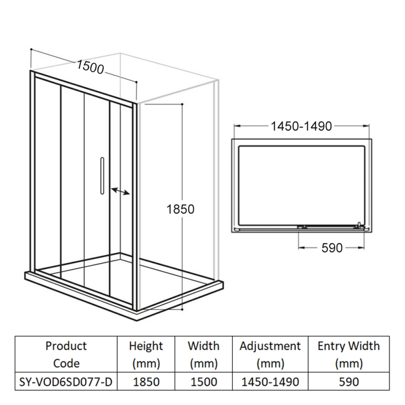Delphi Vodas 6+ Sliding Shower Door 1500mm Wide - 6mm Glass