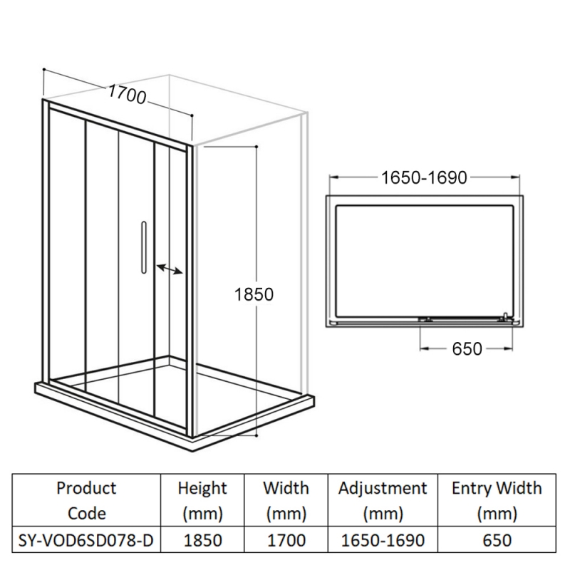 Delphi Vodas 6+ Sliding Shower Door 1700mm Wide - 6mm Glass