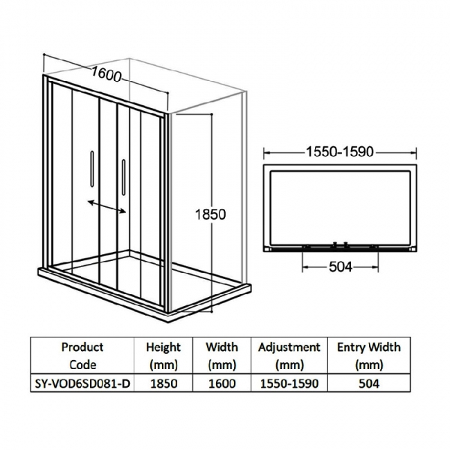 Delphi Vodas 6+ Double Sliding Shower Door 1600mm Wide - 6mm Glass