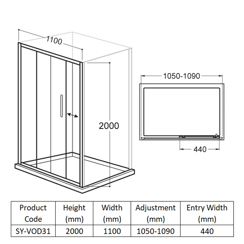 Delphi Vodas 8 Framed Sliding Shower Door 1100mm Wide - 8mm Glass