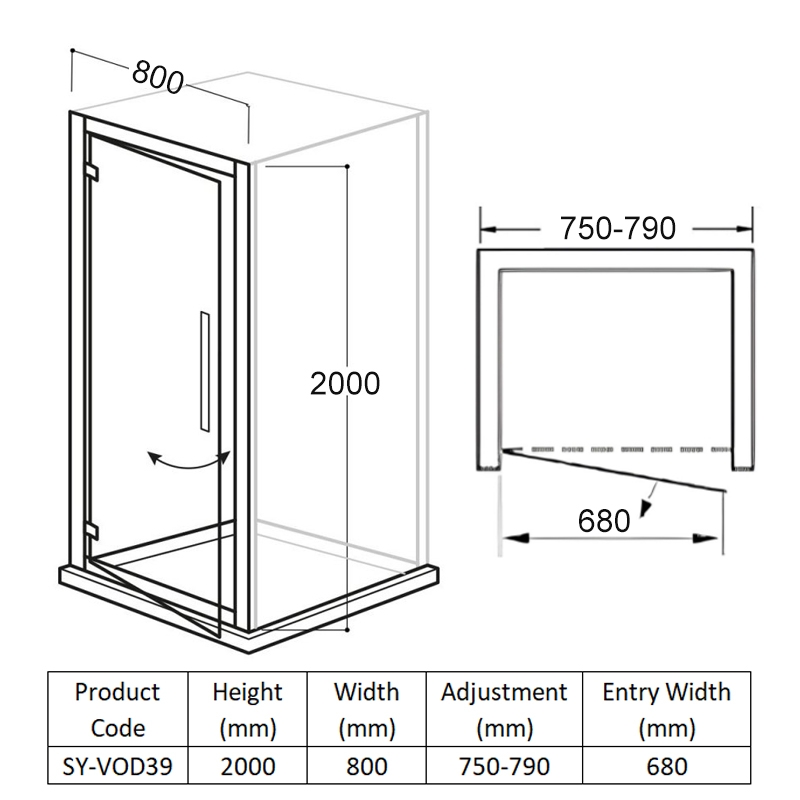Delphi Vodas 8 Framed Hinged Shower Door 800mm Wide - 8mm Glass