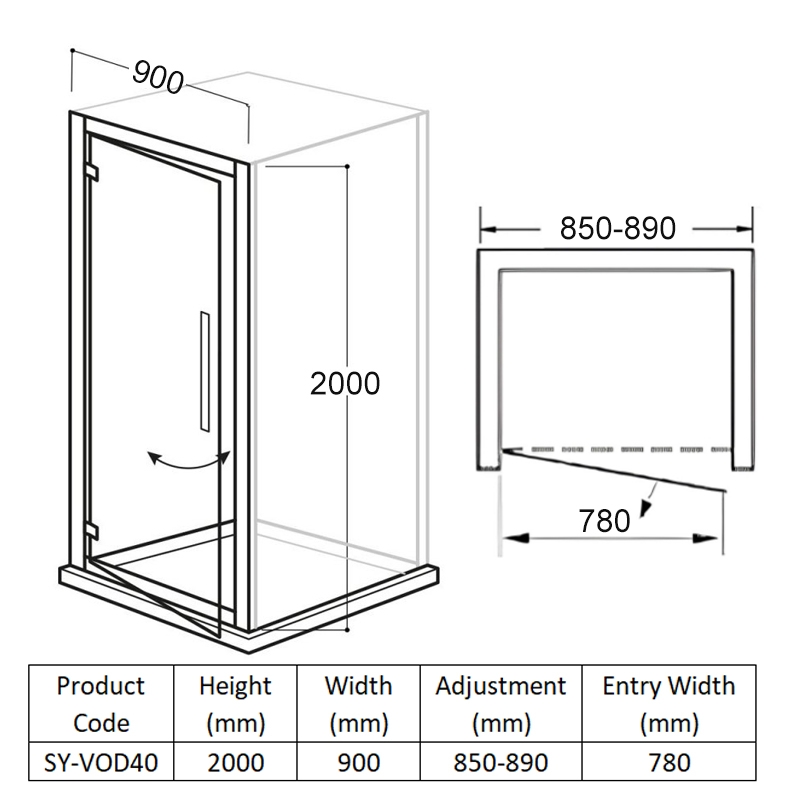 Delphi Vodas 8 Framed Hinged Shower Door 900mm Wide - 8mm Glass