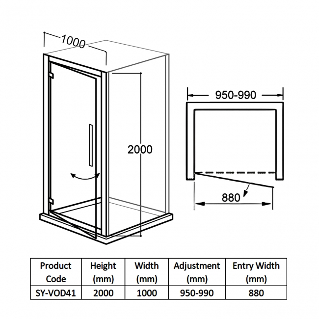 Delphi Vodas 8 Framed Hinged Shower Door 1000mm Wide - 8mm Glass