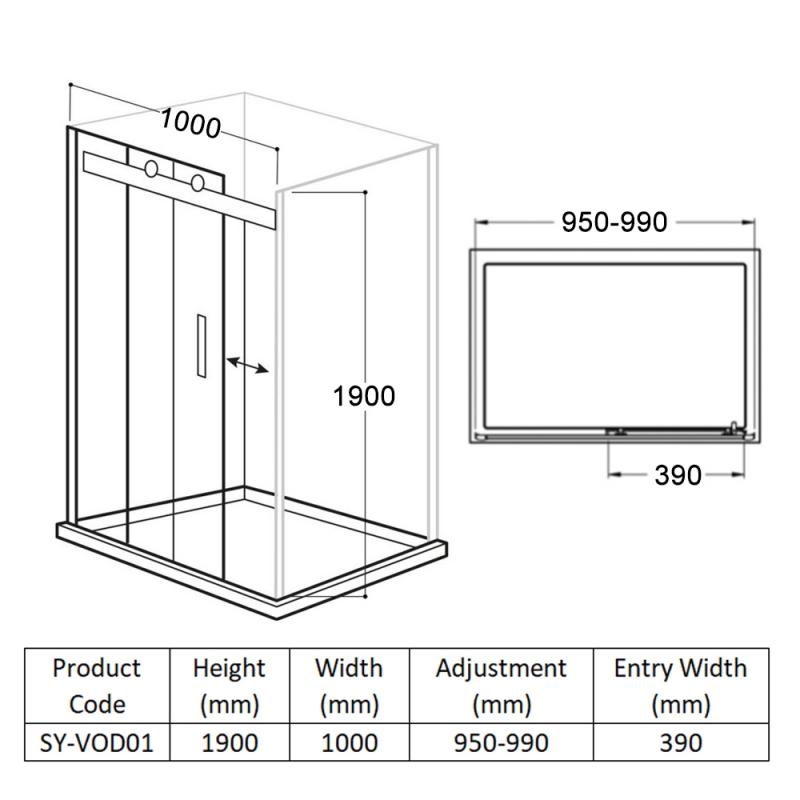 Delphi Vodas 8 Frameless Sliding Shower Door 1000mm Wide - 8mm Glass