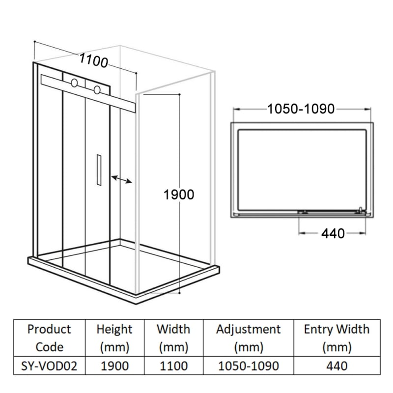Delphi Vodas 8 Frameless Sliding Shower Door 1100mm Wide - 8mm Glass