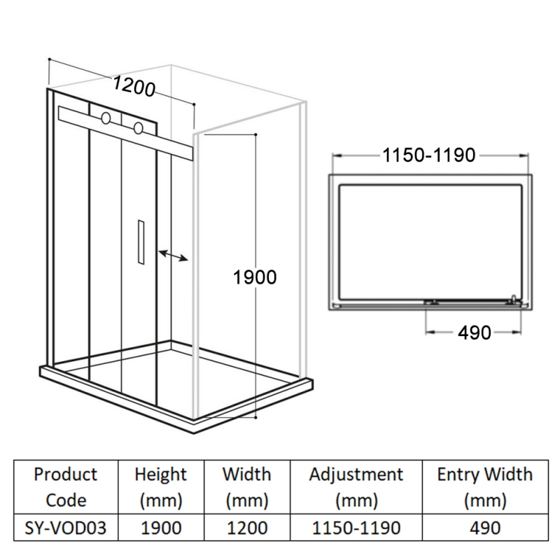 Delphi Vodas 8 Frameless Sliding Shower Door 1200mm Wide - 8mm Glass