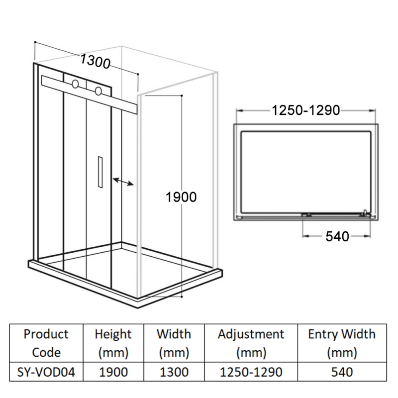 Delphi Vodas 8 Frameless Sliding Shower Door 1300mm Wide - 8mm Glass
