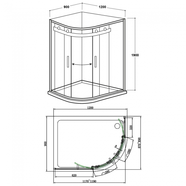 Delphi Vodas 8 Frameless 2-Door Offset Quadrant Shower Enclosure 1200mm x 900mm - 8mm Glass