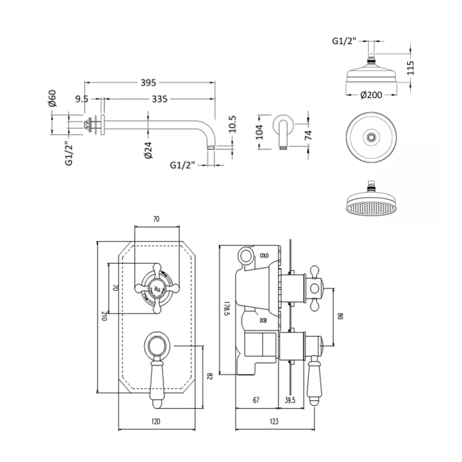 Delphi Windsor Chrome Dual Concealed Shower Set with Fixed Head  | Dimension Image
