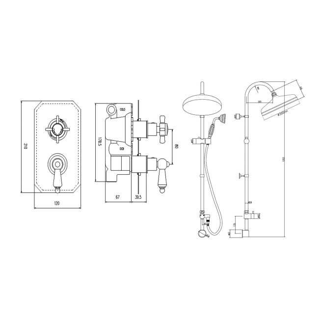 Delphi Windsor Chrome Dual Concealed Shower Set with Rigid Riser Kit  | Dimension Image