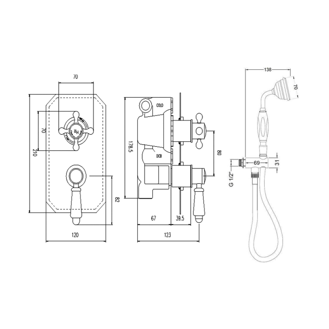 Delphi Windsor Chrome Dual Concealed Shower Set with Handset and Bracket  | Dimension Image