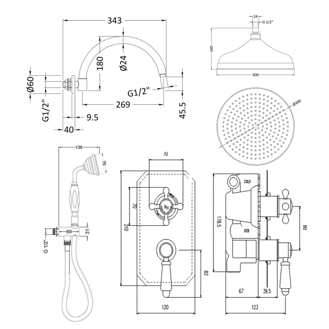 Delphi Windsor Chrome Dual Concealed Shower Set with Large Drencher Head and Handset  | Dimension Image