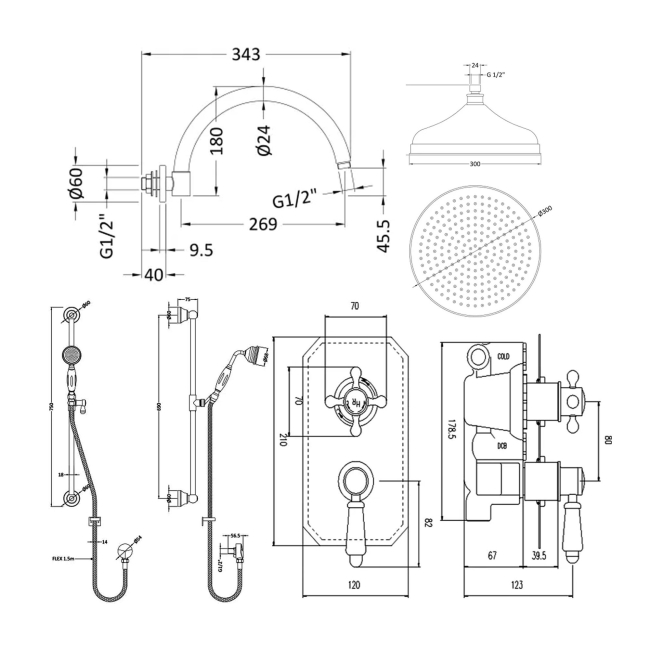Delphi Windsor Brushed Brass Dual Concealed Shower Set with Large Drencher Head and Slide Rail Kit  | Dimension Image