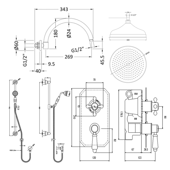 Delphi Windsor Chrome Dual Concealed Shower Set with Large Drencher Head and Slide Rail Kit  | Dimension Image