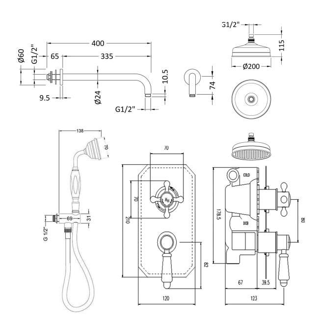 Delphi Windsor Chrome Dual Concealed Shower Set with Fixed Head and Handset  | Dimension Image