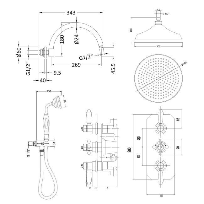 Delphi Windsor Chrome Triple Concealed Shower Set with Large Drencher Head and Handset  | Dimension Image