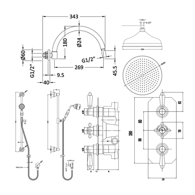 Delphi Windsor Brushed Brass Triple Concealed Shower Set with Large Drencher Head and Slide Rail Kit  | Dimension Image