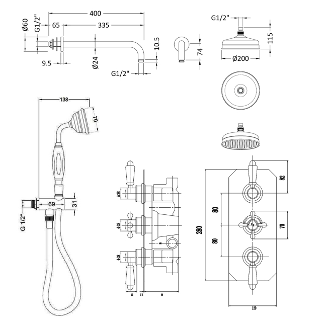 Delphi Windsor Chrome Triple Concealed Shower Set with Fixed Head and Handset  | Dimension Image