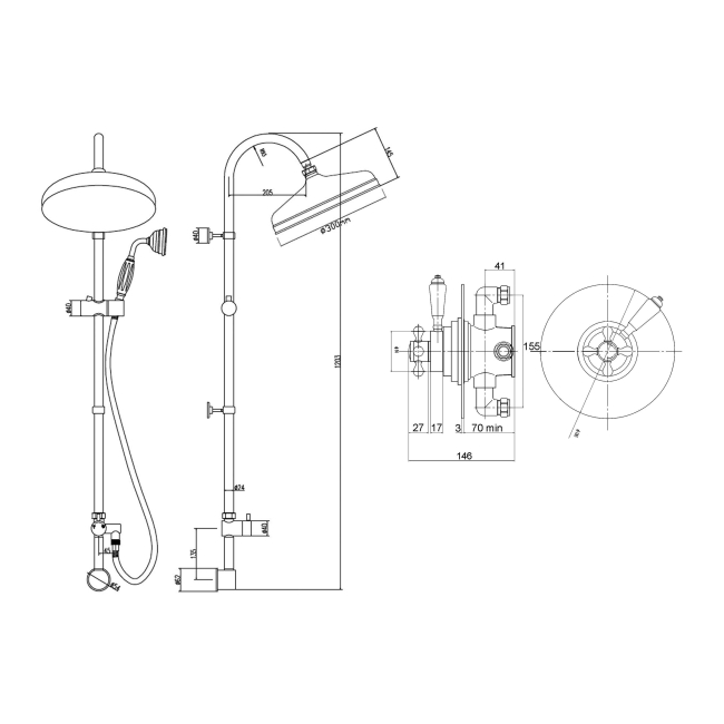Delphi Windsor Chrome Dual Concentric Concealed Shower Set with Rigid Riser Kit  | Dimension Image