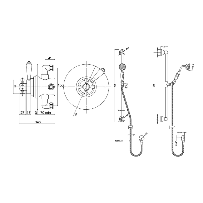 Delphi Windsor Chrome Dual Concentric Concealed Shower Set with Slide Rail Kit  | Dimension Image