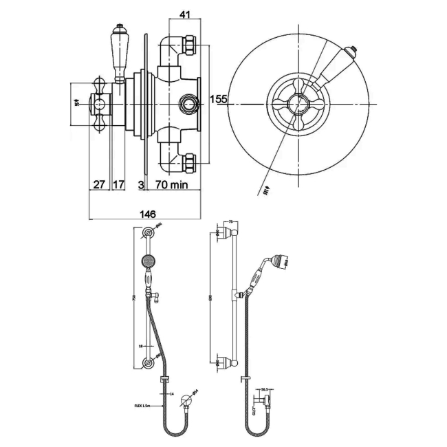Delphi Windsor Brushed Pewter Dual Concentric Concealed Shower Set with Slide Rail Kit  | Dimension Image