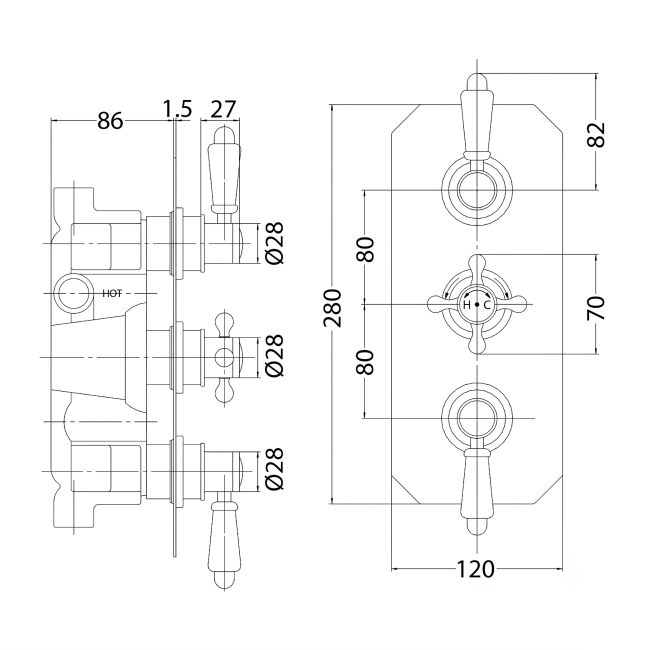 Delphi Windsor Chrome 2-Outlet Triple Concealed Shower Valve  | Dimension Image