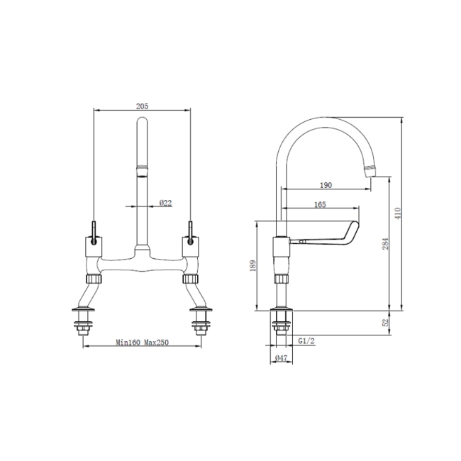 Deva Bridge Kitchen Sink Mixer Tap 6 Inch Lever Handles Chrome  | Dimension Image