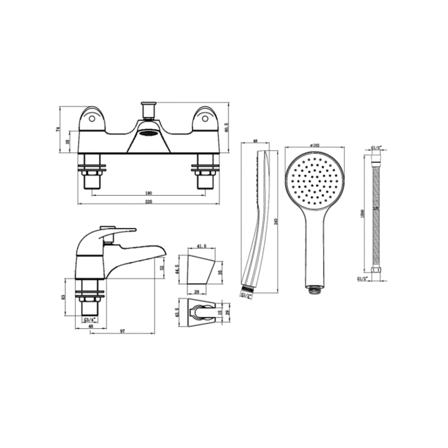 Deva Clifden Deck Mounted Bath Shower Mixer Tap - Chrome  | Dimension Image