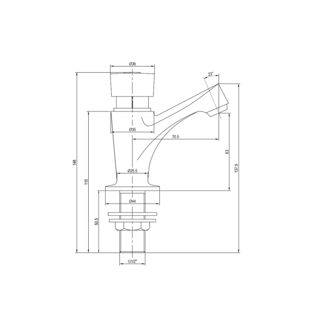 Deva Cormorant Self Closing Basin Tap Non-Concussive Single - Chrome  | Dimension Image