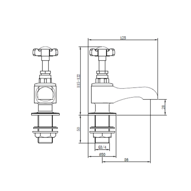 Deva Coronation Bath Taps Pair - Chrome  | Dimension Image