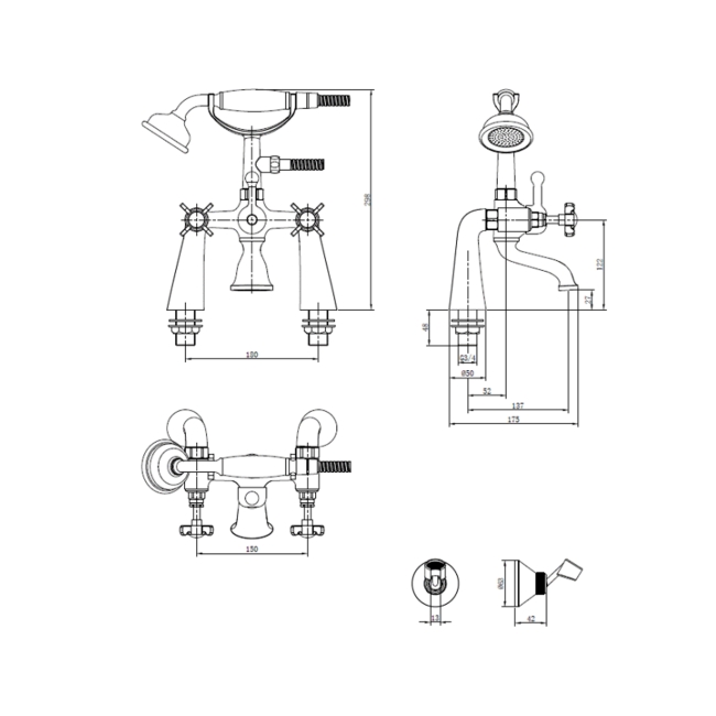 Deva Coronation Pillar Mounted Bath Shower Mixer Tap Gold  | Dimension Image