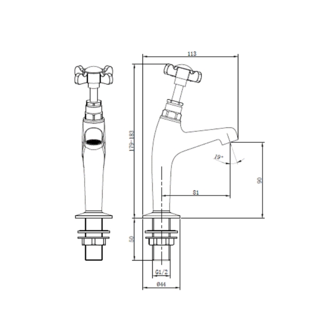 Deva Coronation High Neck Kitchen Sink Taps Pair Pillar Mounted - Chrome  | Dimension Image