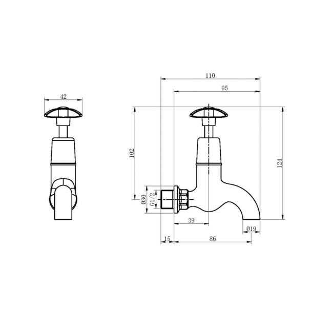Deva Cross Handle 1/2 Inch BS5412 Bib Taps Pair - Chrome  | Dimension Image