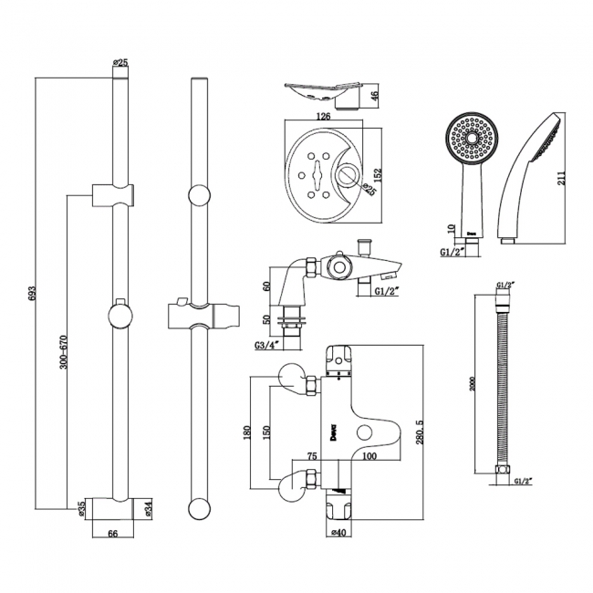 Deva Dynamic Thermostatic Bath Shower Mixer with Slider Rail Kit - Chrome