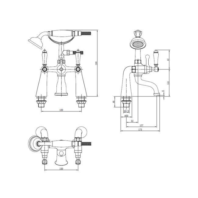 Deva Georgian Pillar Mounted Bath Shower Mixer Tap Gold  | Dimension Image