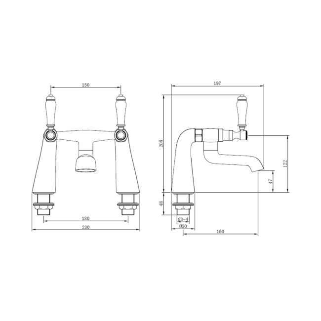Deva Georgian Pillar Mounted Bath Filler Tap - Chrome  | Dimension Image