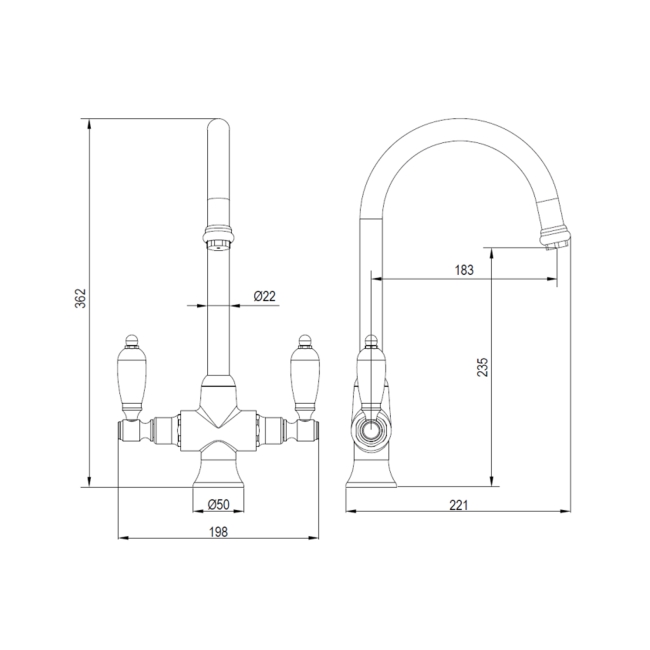 Deva Georgian Mono Kitchen Sink Mixer Tap Bronze  | Dimension Image