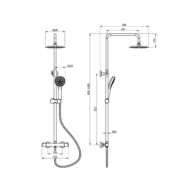 Deva Grasmere Thermostatic Bar Mixer Shower with Diverter and Adjustable Rail - Matt Black  | Dimension Image